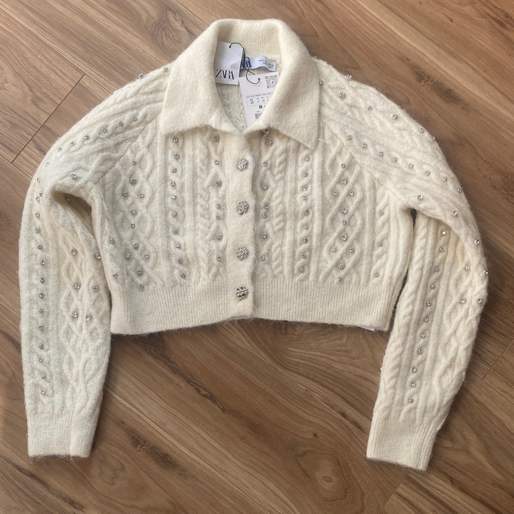Zara Ivory Cropped Beaded Cardigan